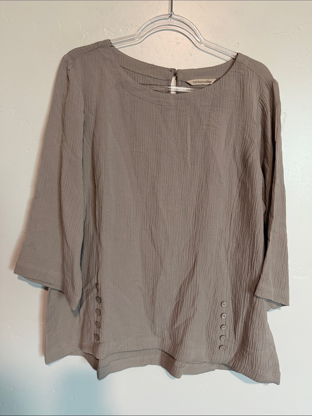 Soft Surroundings Light Taupe Crinkled Button-Detail Blouse